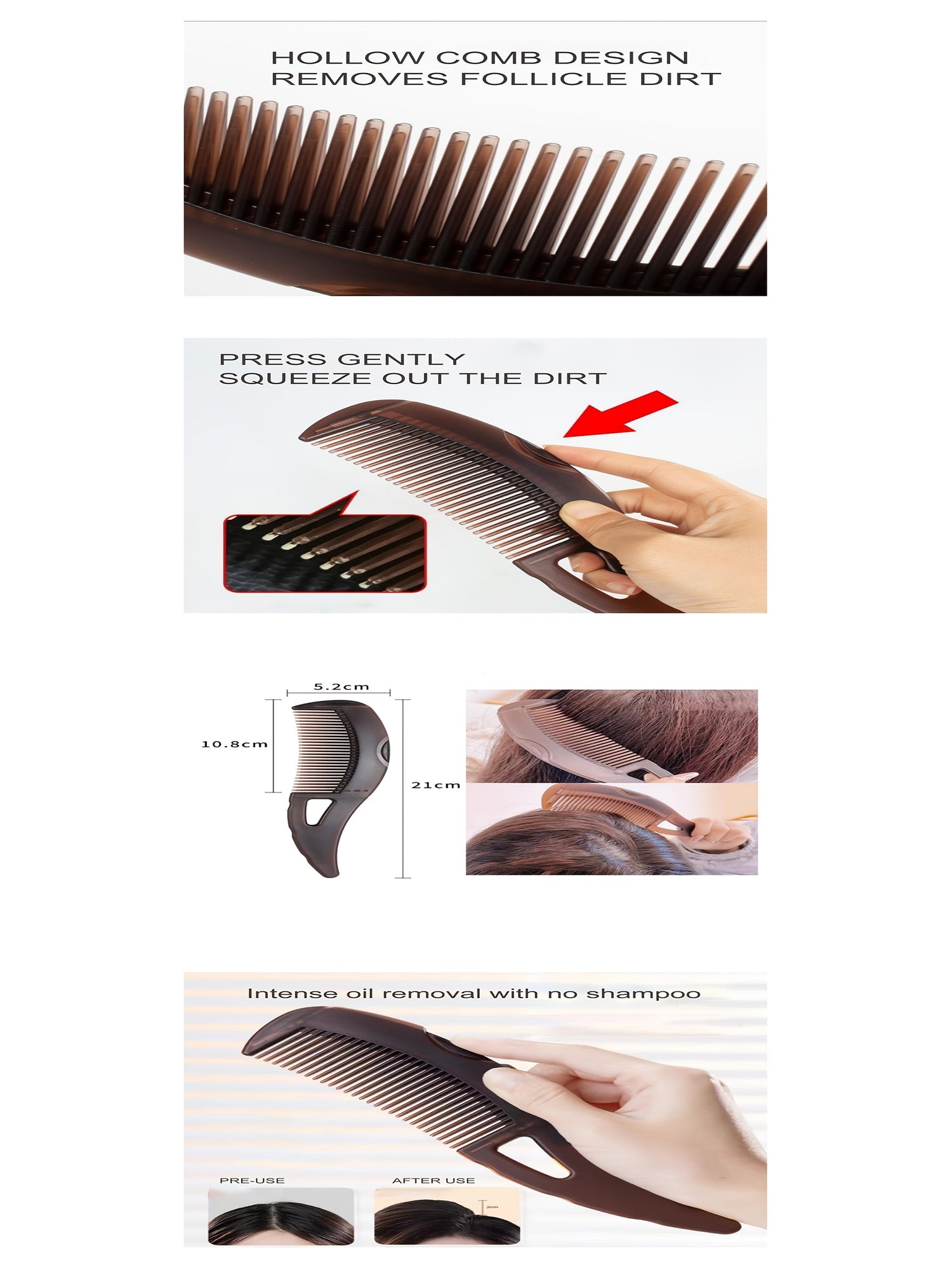 Press to squeeze out dirt - portable scalp cleaning comb, efficient dandruff removal and oil removal, ergonomic massage design, elegant fine tooth shape, gentle hair care massager