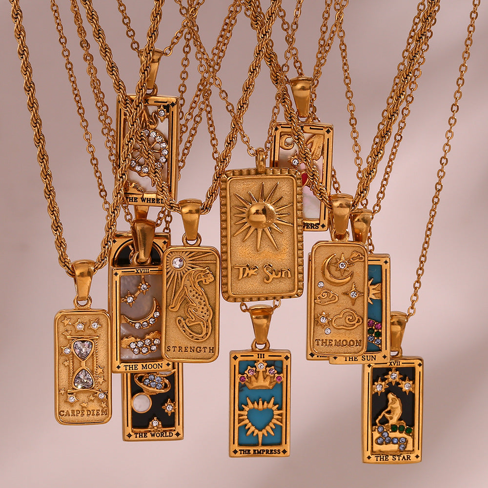Fashion retro popular hot selling pendant jewelry stainless steel rectangular oil drop zircon tarot necklace