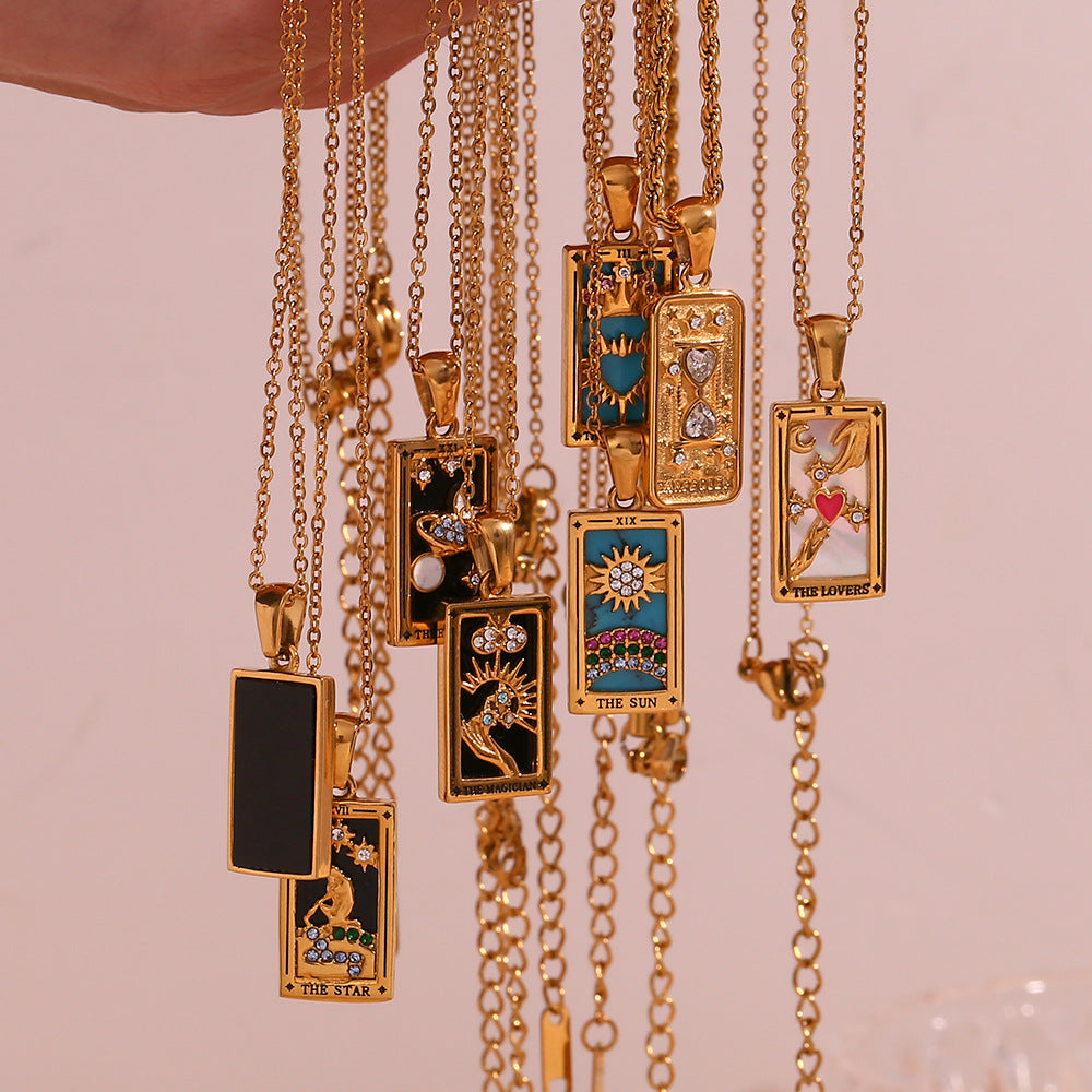 Fashion retro popular hot selling pendant jewelry stainless steel rectangular oil drop zircon tarot necklace