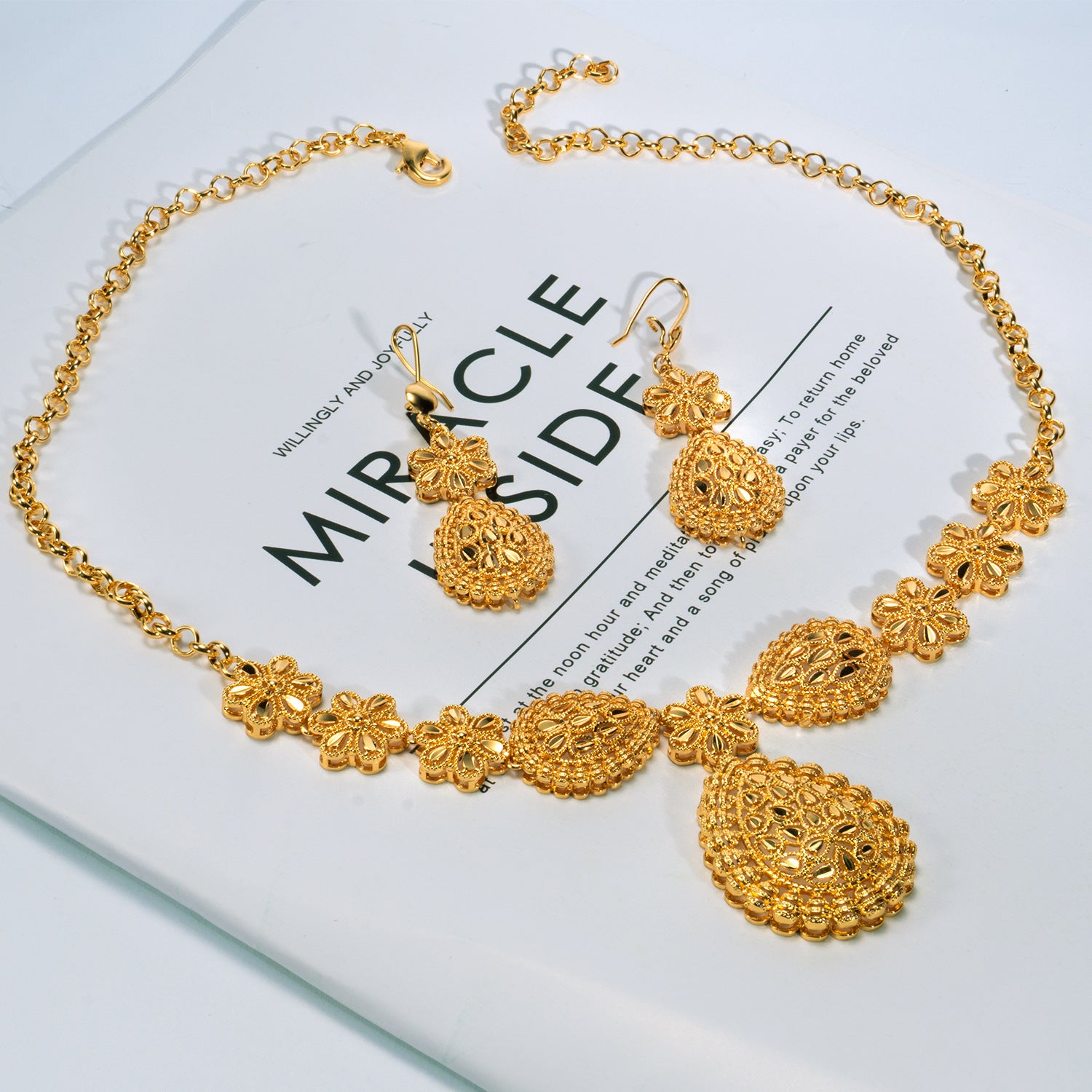 24K Gold Plated Bridal Necklace Earrings Jewelry Set