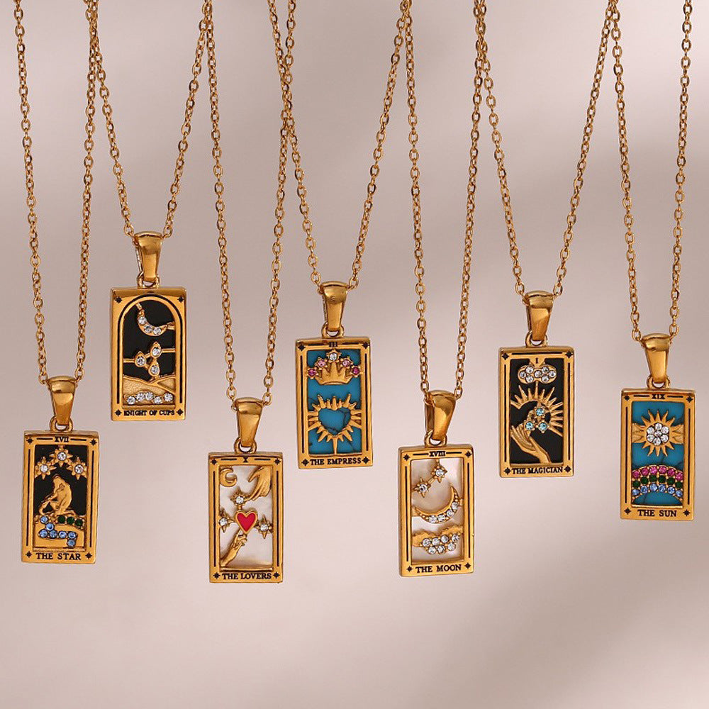 Fashion retro popular hot selling pendant jewelry stainless steel rectangular oil drop zircon tarot necklace