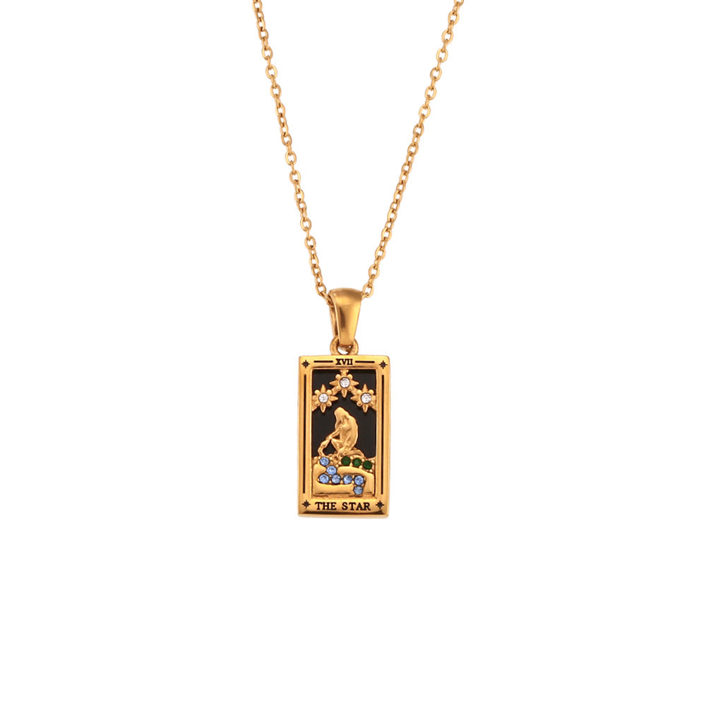 Fashion retro popular hot selling pendant jewelry stainless steel rectangular oil drop zircon tarot necklace