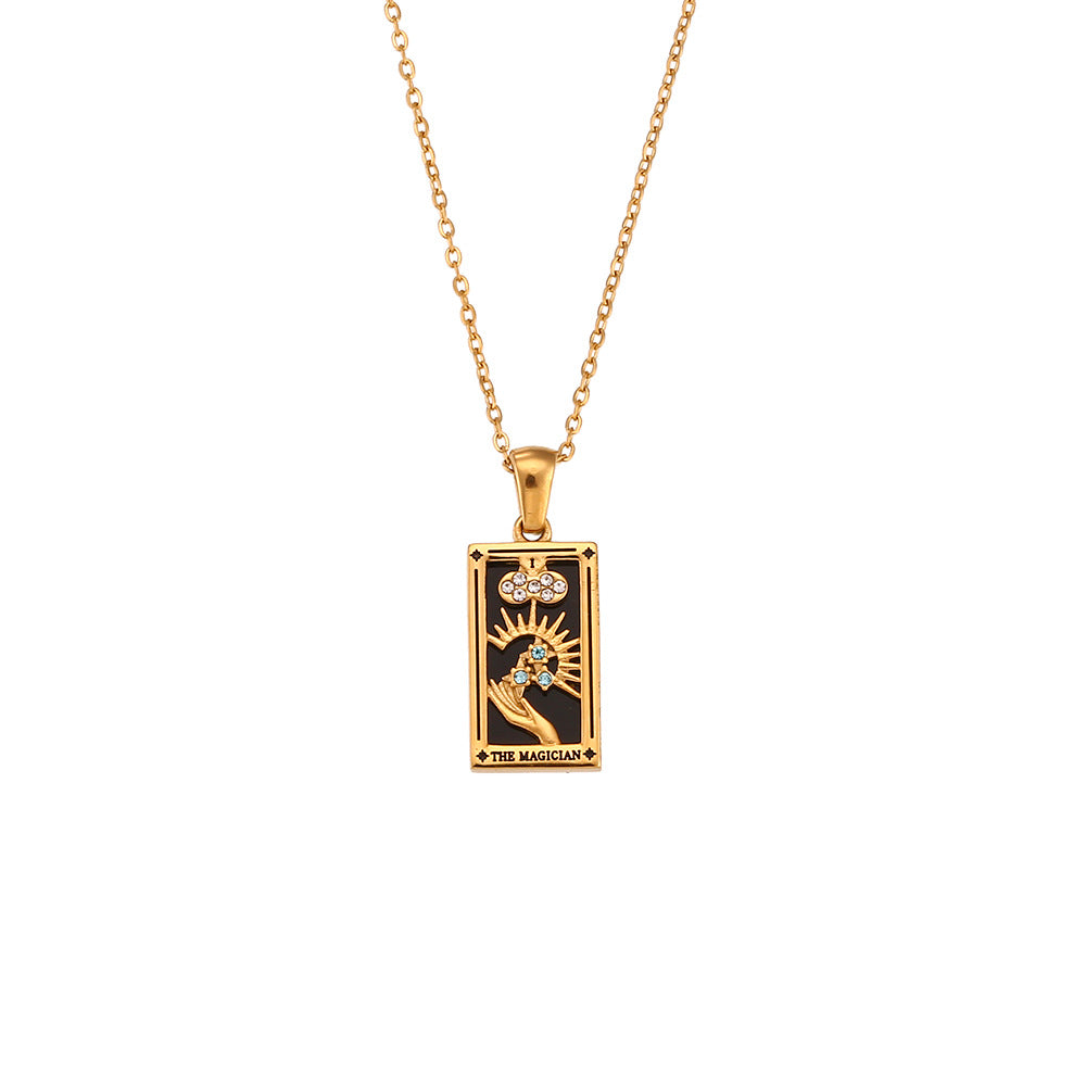 Fashion retro popular hot selling pendant jewelry stainless steel rectangular oil drop zircon tarot necklace