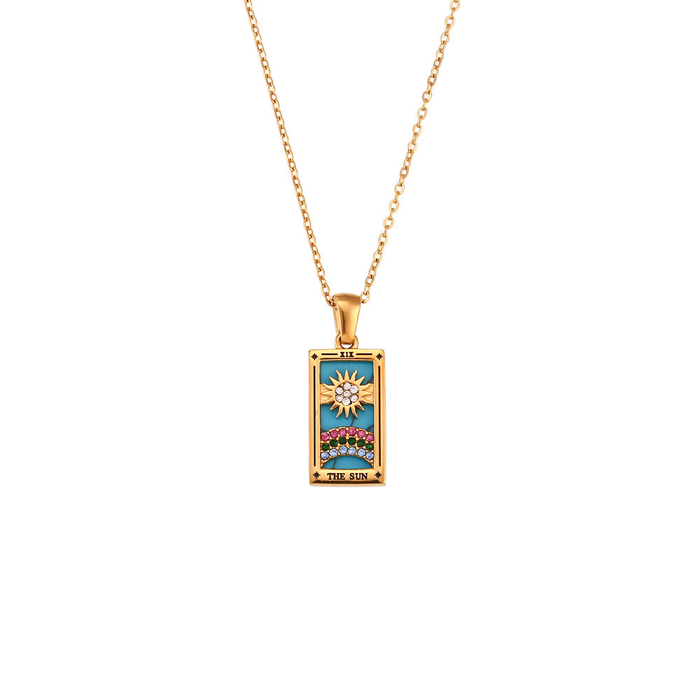 Fashion retro popular hot selling pendant jewelry stainless steel rectangular oil drop zircon tarot necklace