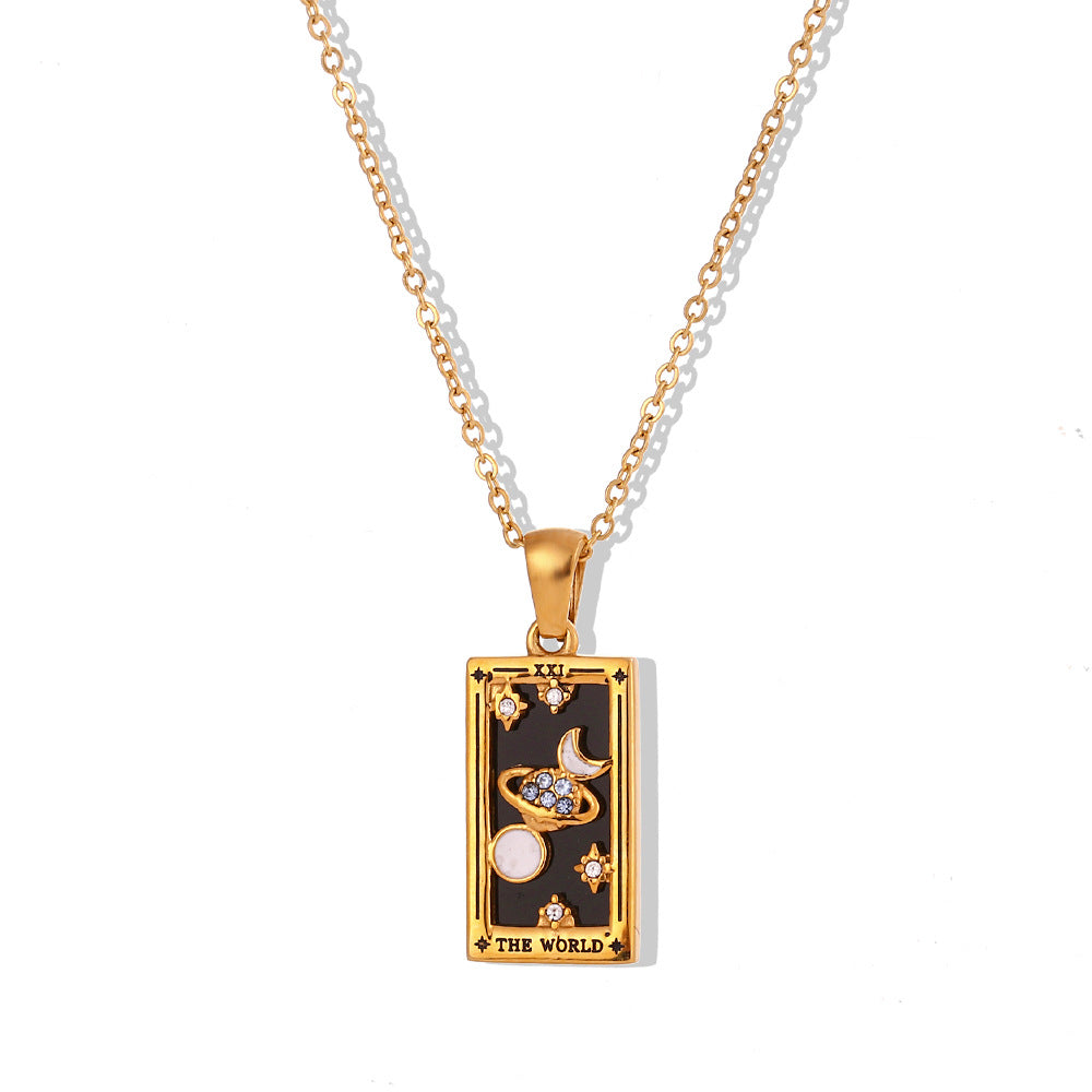 Fashion retro popular hot selling pendant jewelry stainless steel rectangular oil drop zircon tarot necklace
