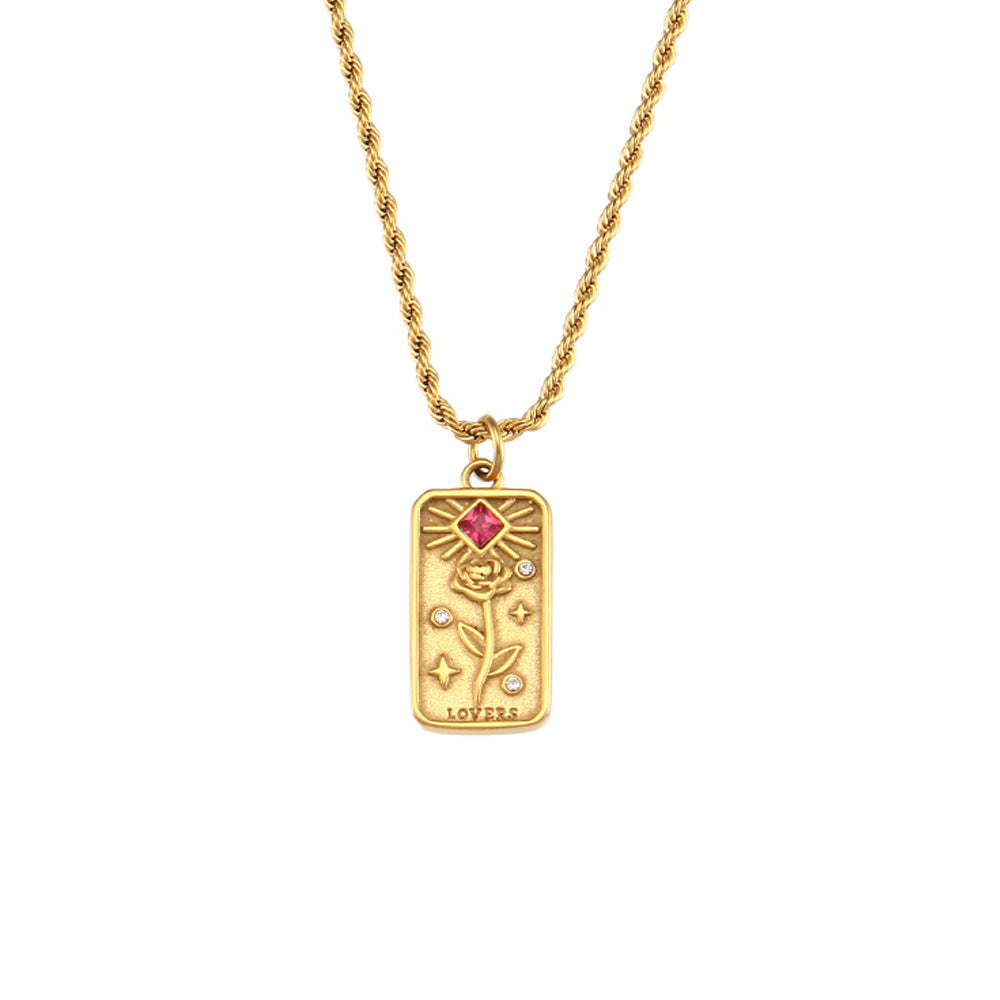 Fashion retro popular hot selling pendant jewelry stainless steel rectangular oil drop zircon tarot necklace