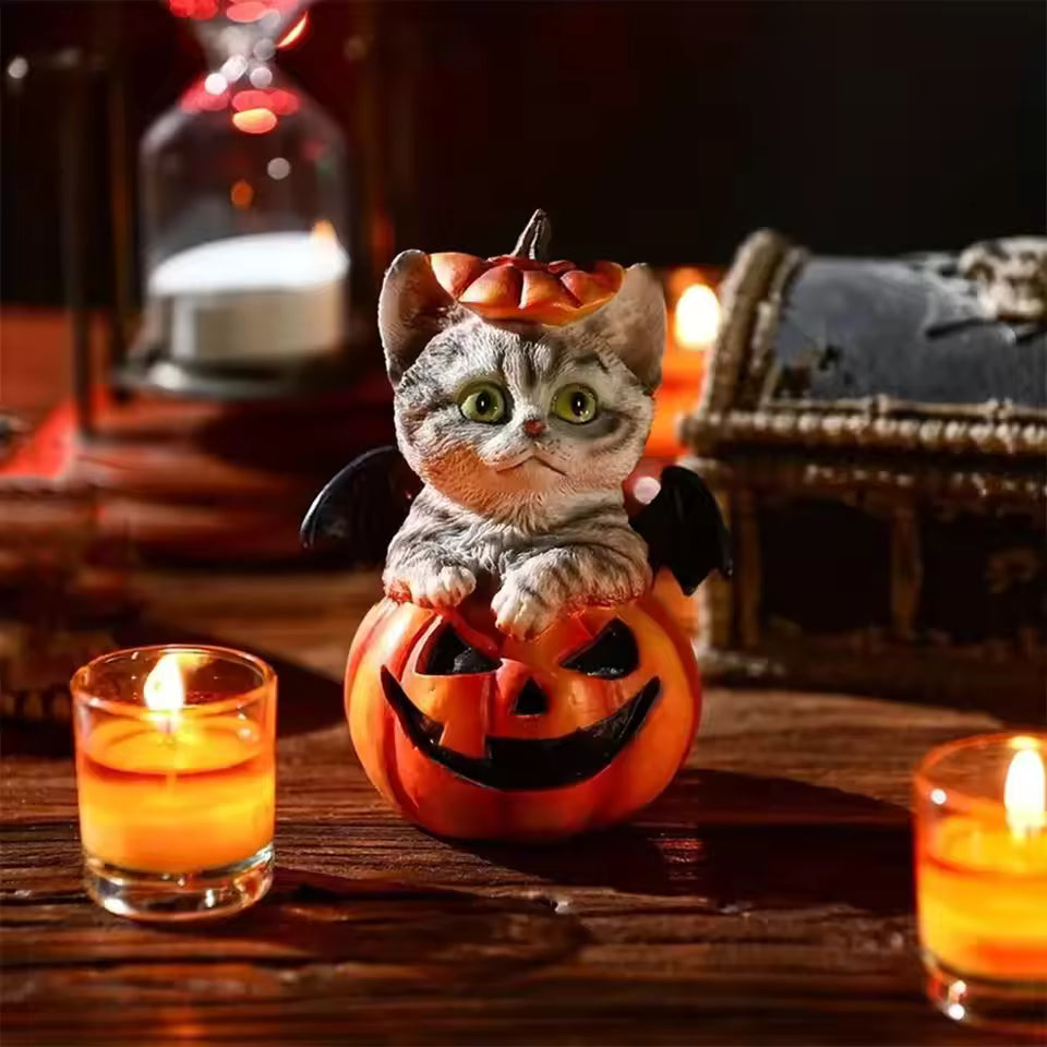Cute Halloween Cat Pumpkin Statue