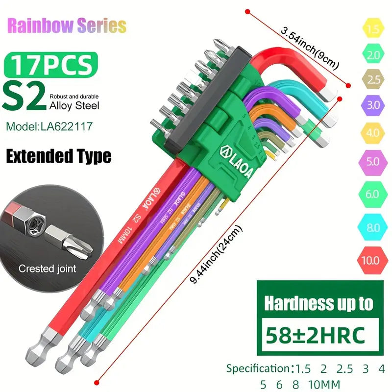 17-Piece Hexagonal Wrench Hanging Screwdriver With Screwdriver Bits Universal Rainbow Ball Head Hexagonal Hand Tool