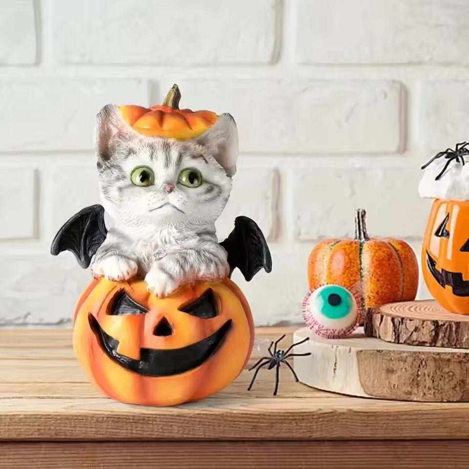 Cute Halloween Cat Pumpkin Statue