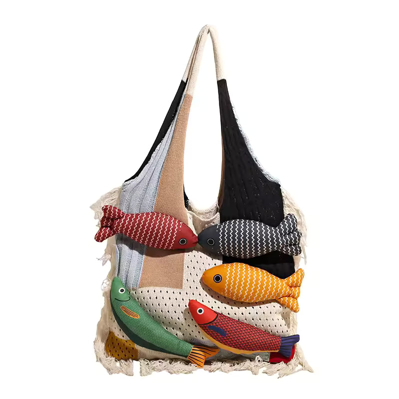 Fishes Applique Tassel Knit Bag