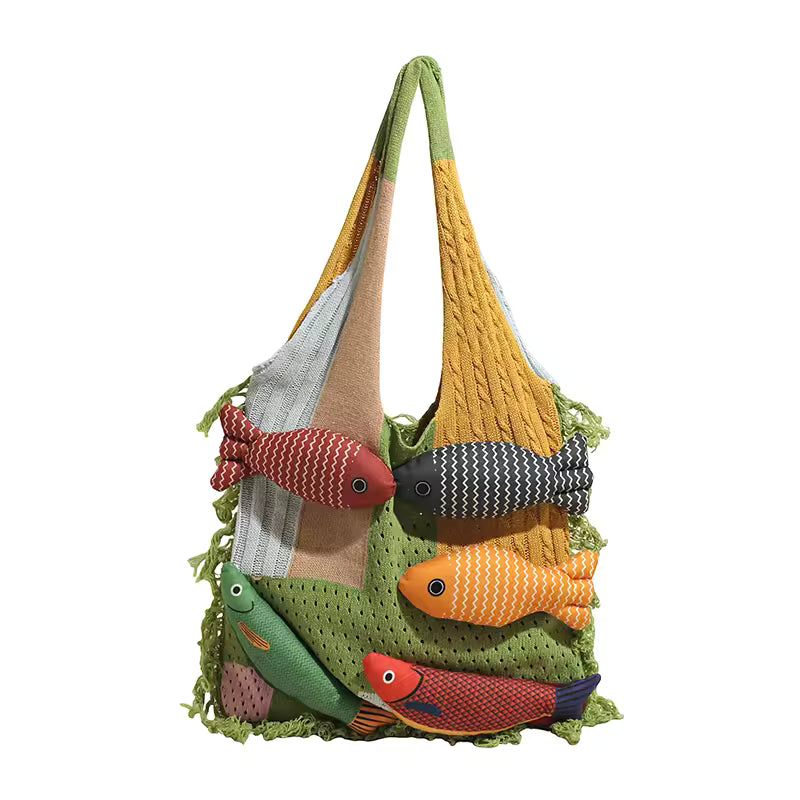 Fishes Applique Tassel Knit Bag