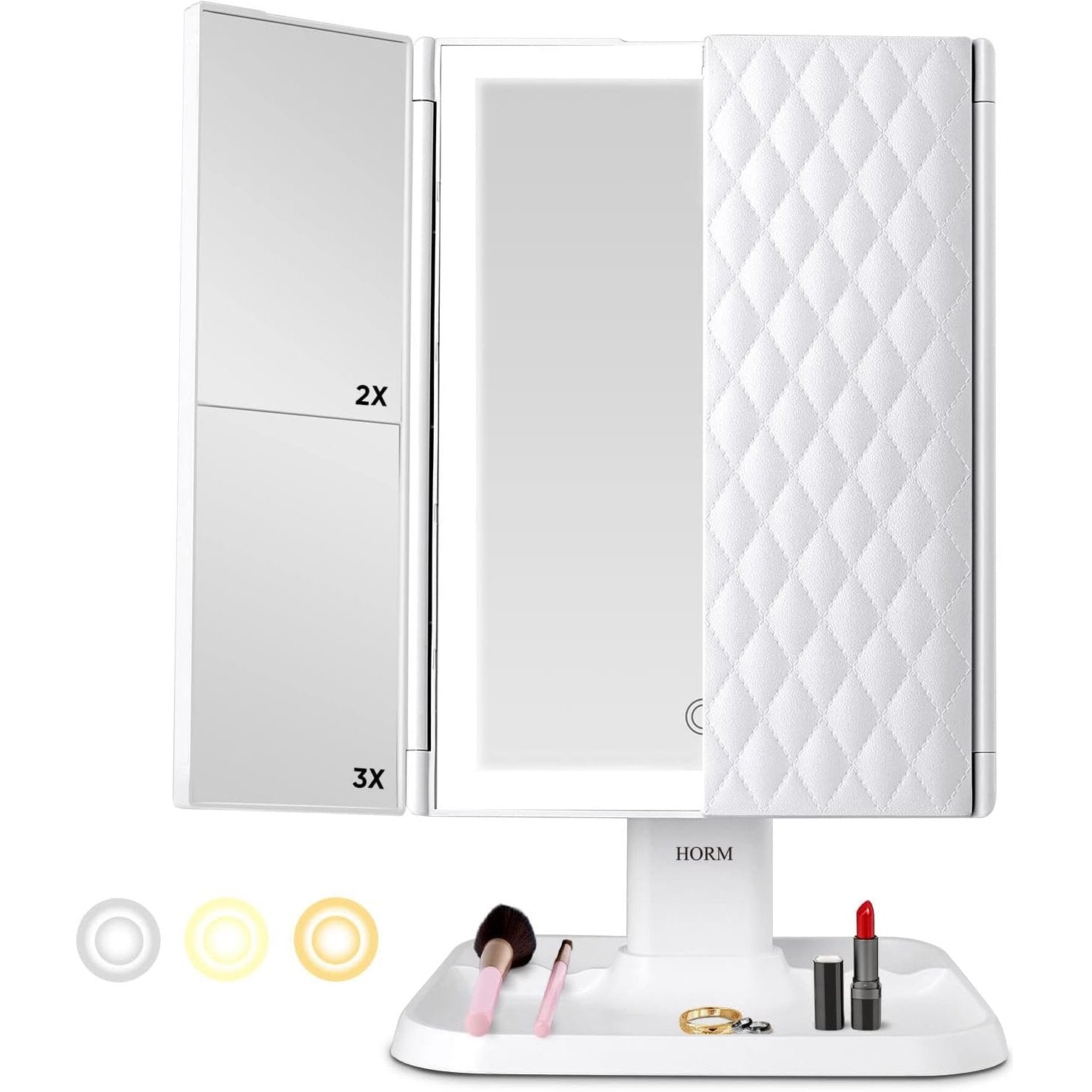 Foldable LED mirror with 3 panels for precise makeup