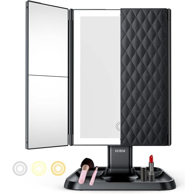 Foldable LED mirror with 3 panels for precise makeup