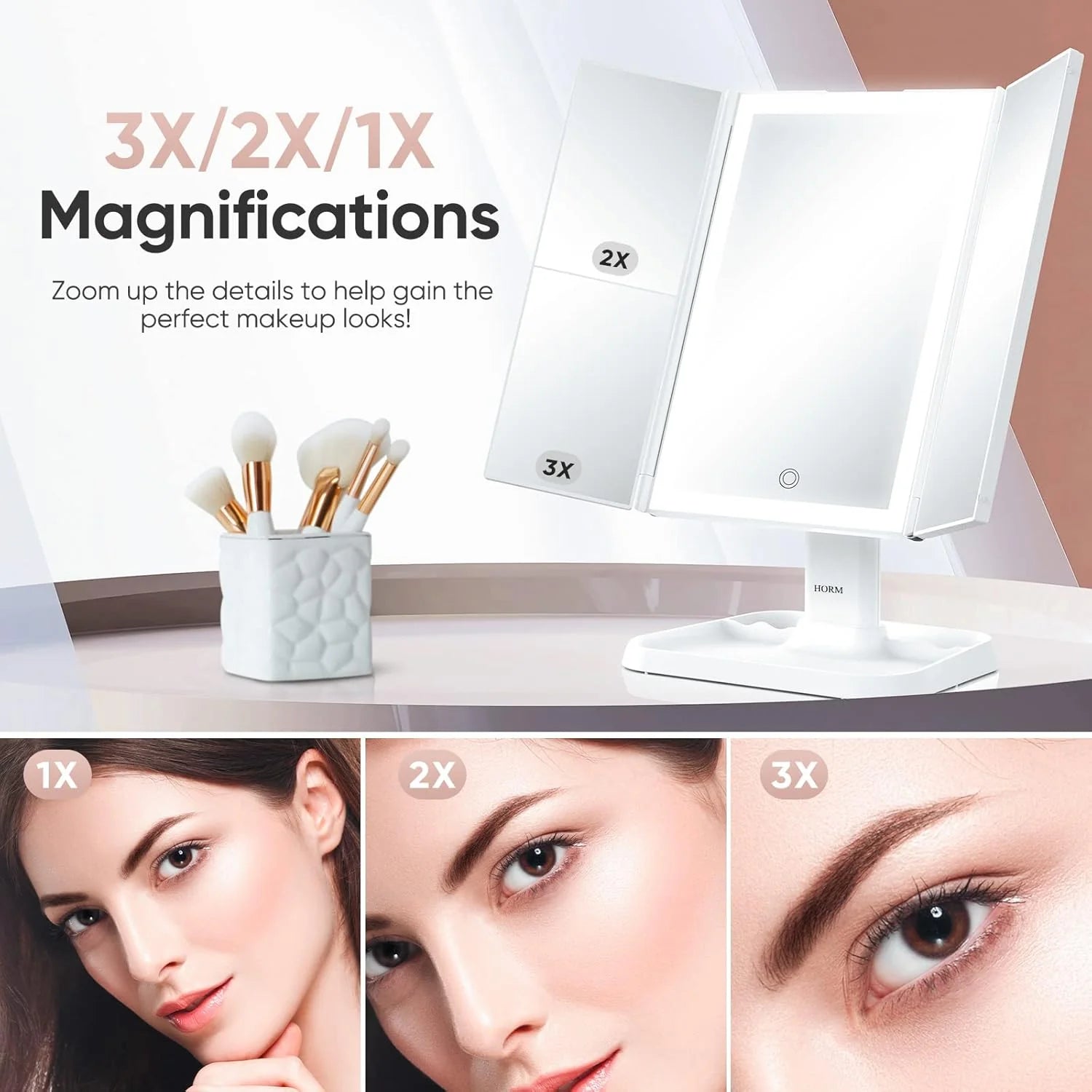 Foldable LED mirror with 3 panels for precise makeup