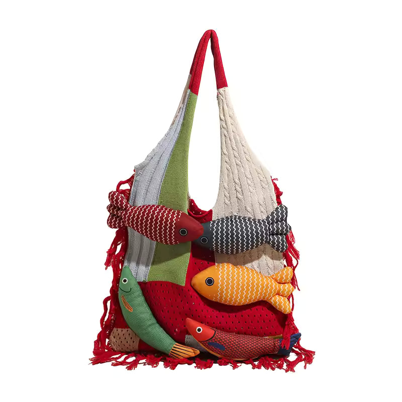 Fishes Applique Tassel Knit Bag