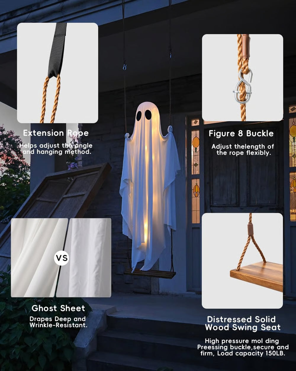 🔥Large Hanging Swing Ghost Halloween Decor with String Lights - Spooky Cute Ghosts👻