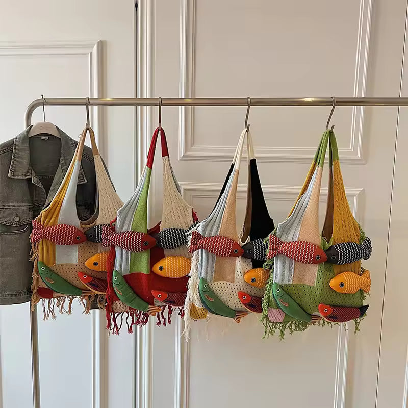 Fishes Applique Tassel Knit Bag