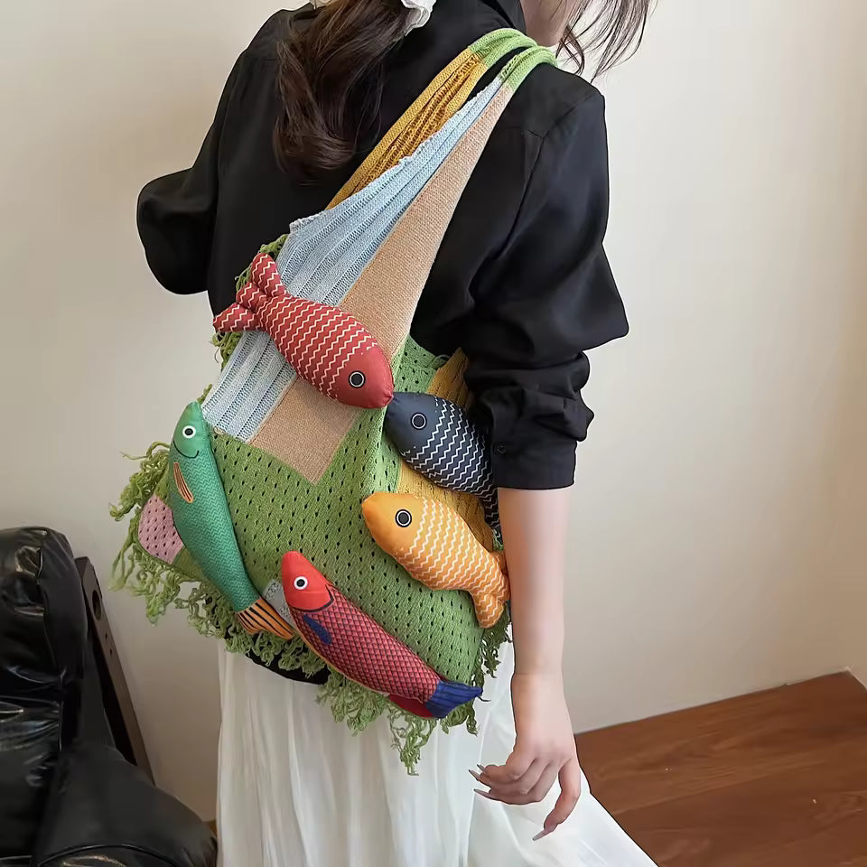 Fishes Applique Tassel Knit Bag