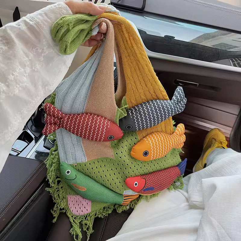 Fishes Applique Tassel Knit Bag