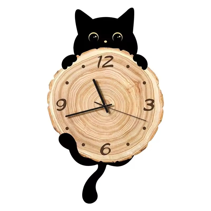 Cute Cat Wooden Silent Mute Wall Clock