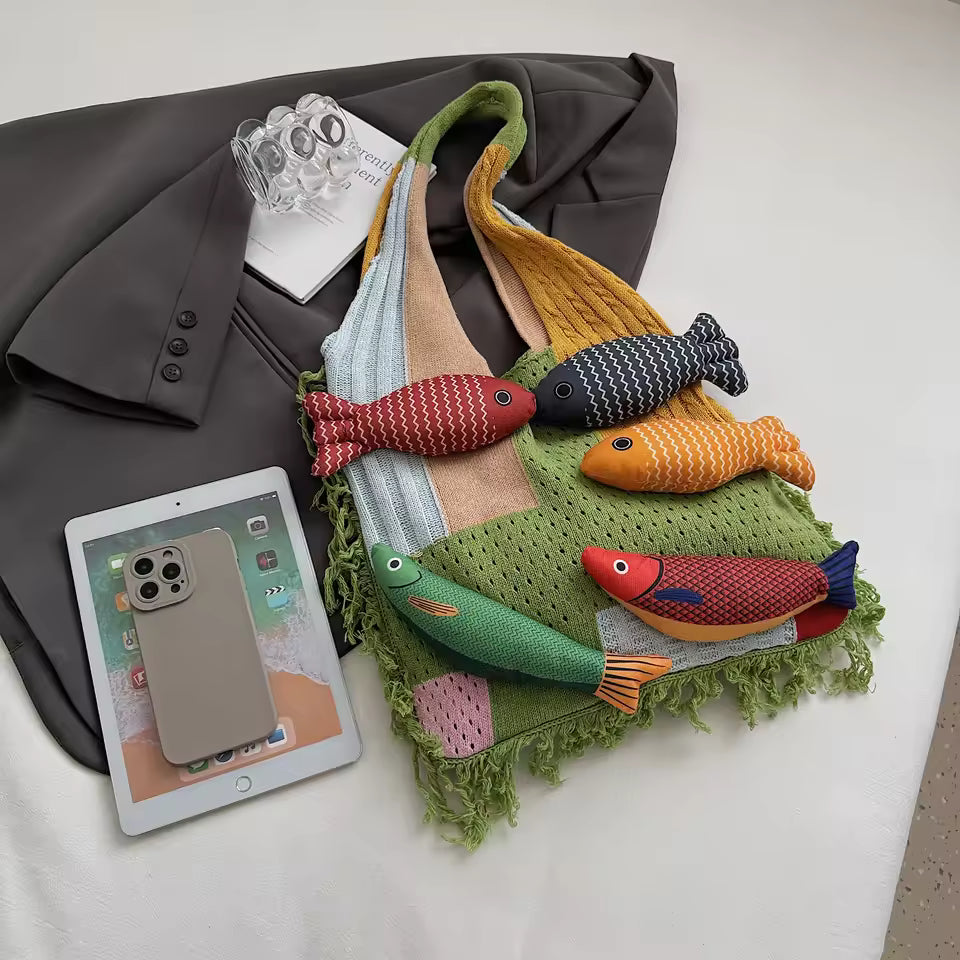 Fishes Applique Tassel Knit Bag