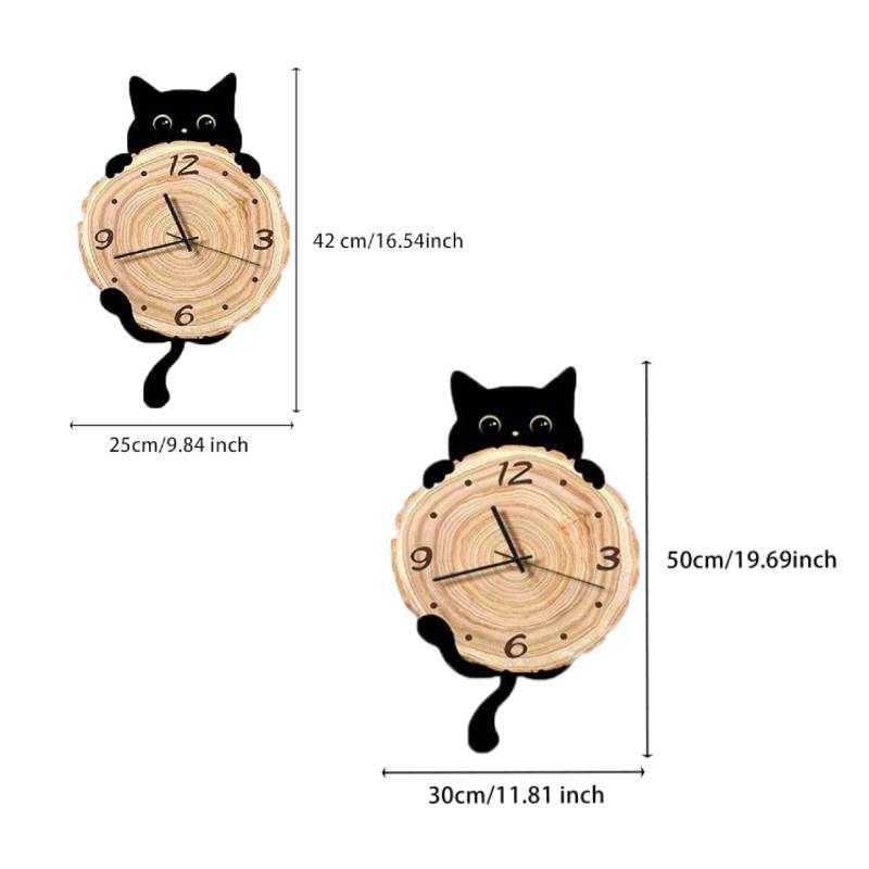 Cute Cat Wooden Silent Mute Wall Clock