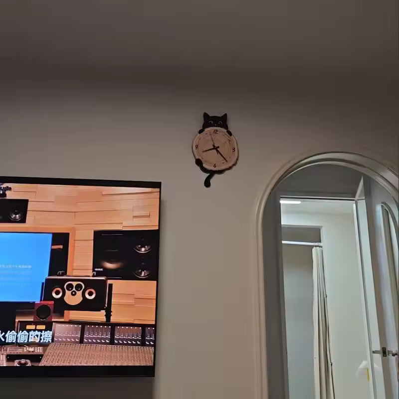 Cute Cat Wooden Silent Mute Wall Clock