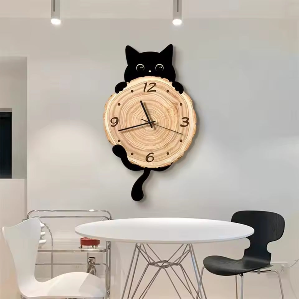 Cute Cat Wooden Silent Mute Wall Clock
