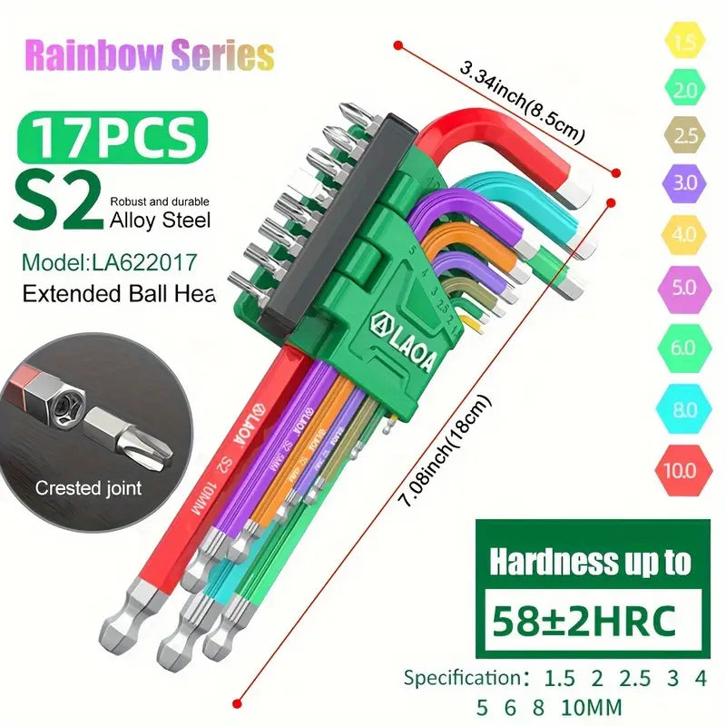 17-Piece Hexagonal Wrench Hanging Screwdriver With Screwdriver Bits Universal Rainbow Ball Head Hexagonal Hand Tool